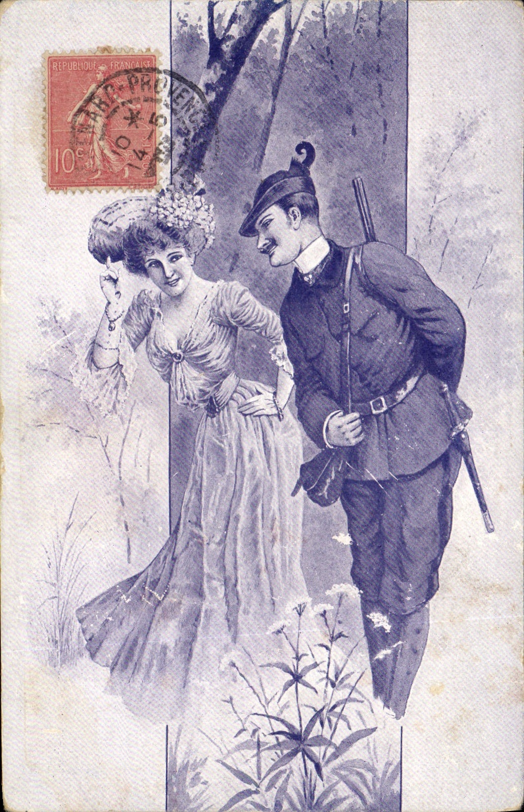 Soldat et femme en forêt — éditeur non visible — timbre 10c rouge