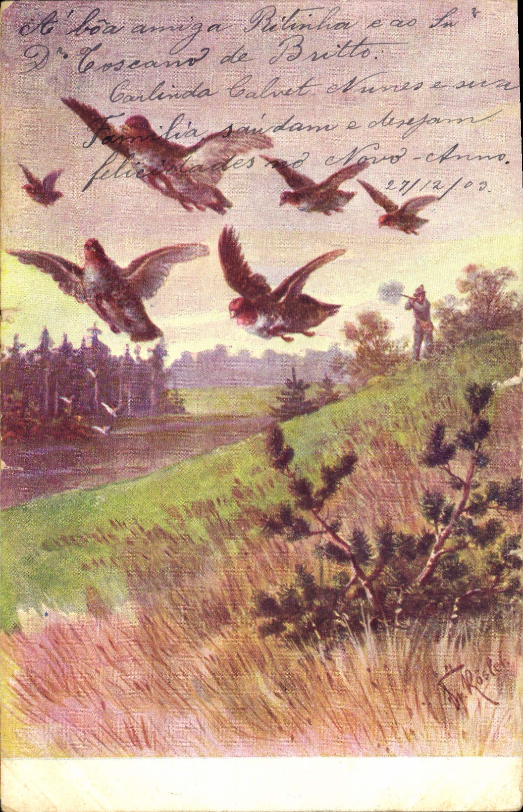 Chasse aux pigeons — scène de campagne — éditeur K. Rösler