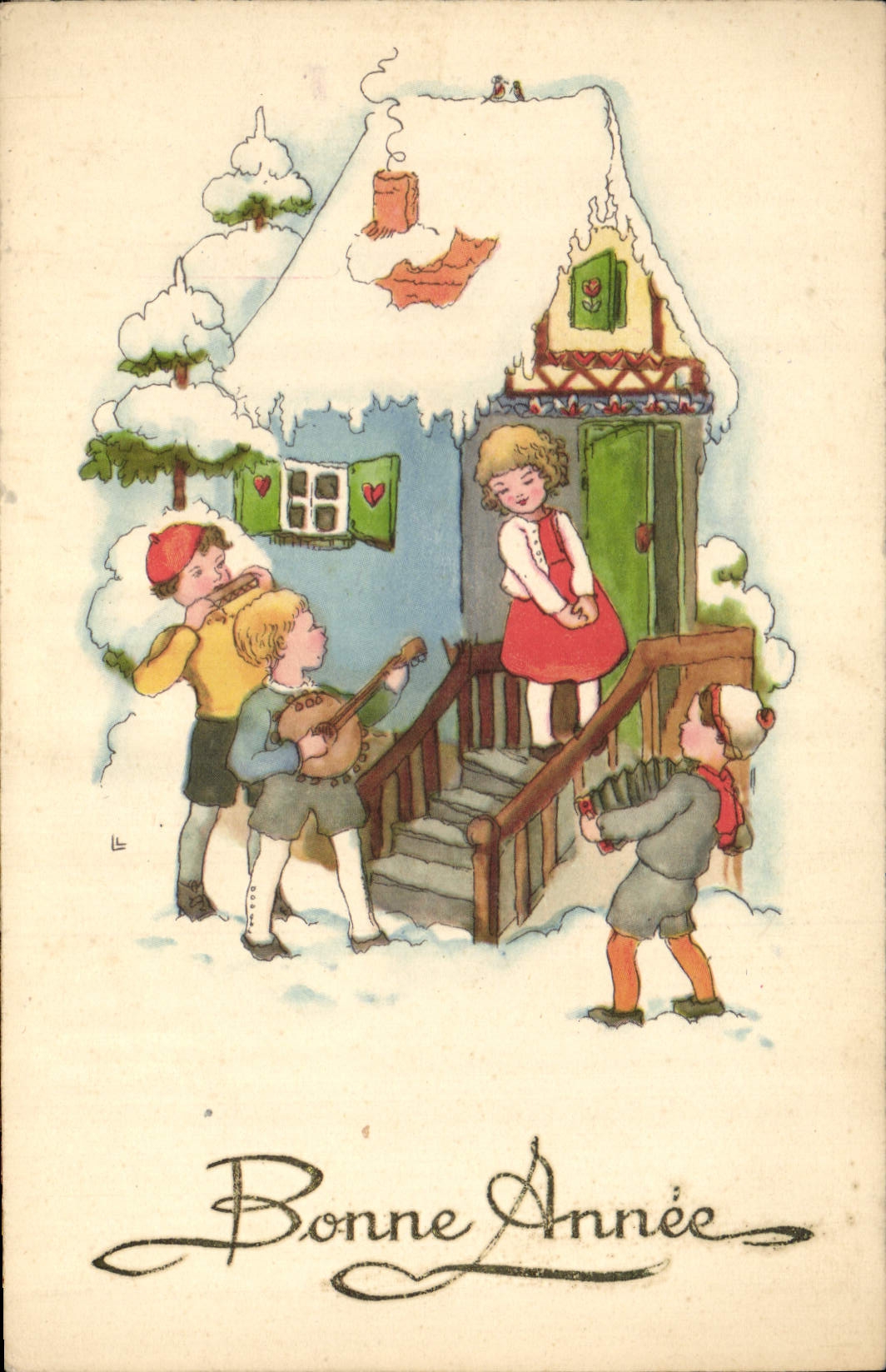 CPA Fantaisie Illustrateur Enfants Bonne annee Accordeon Banjo 