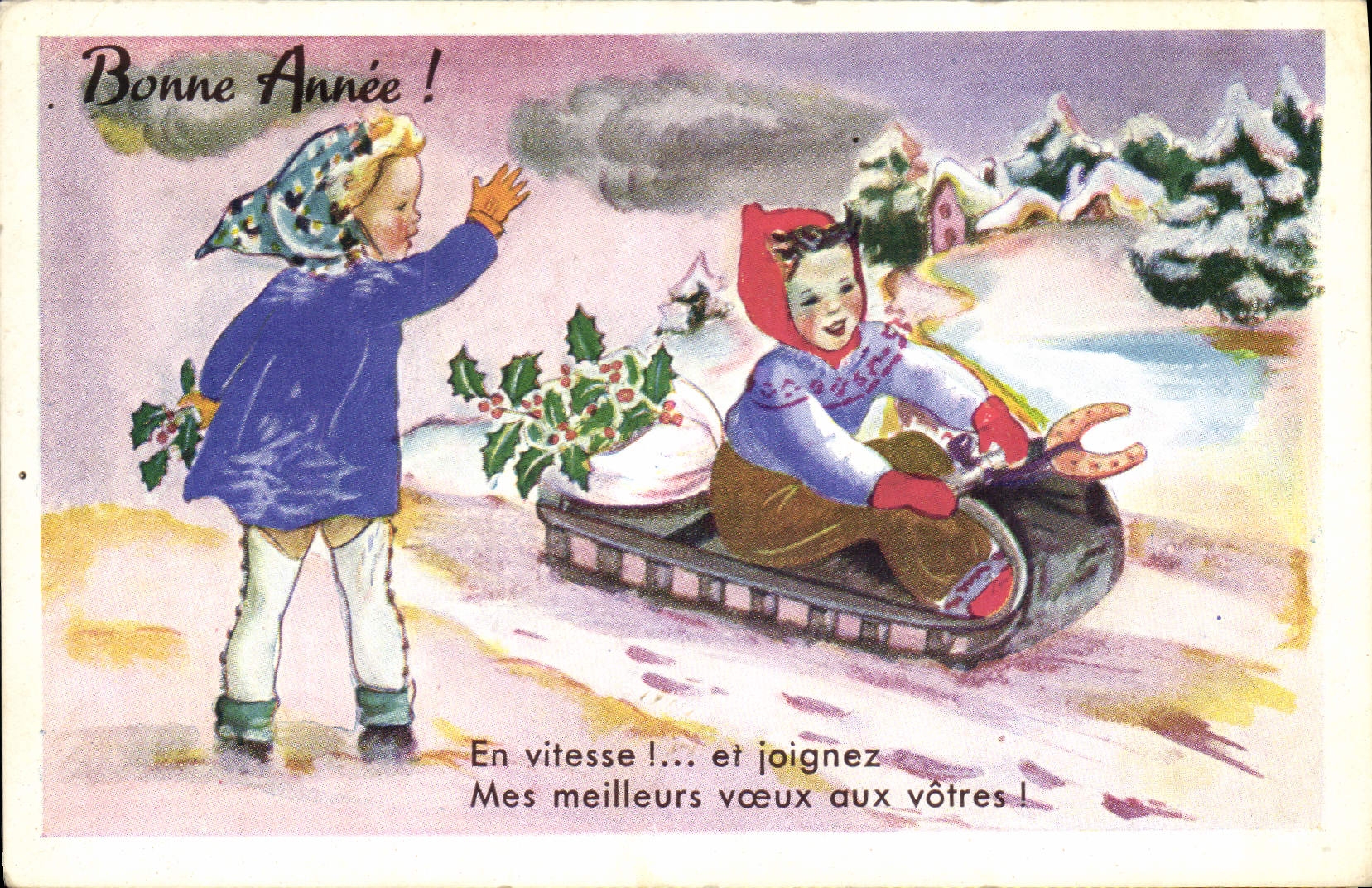 CPA Fantaisie Illustrateur Enfants Luge Bonne annee 