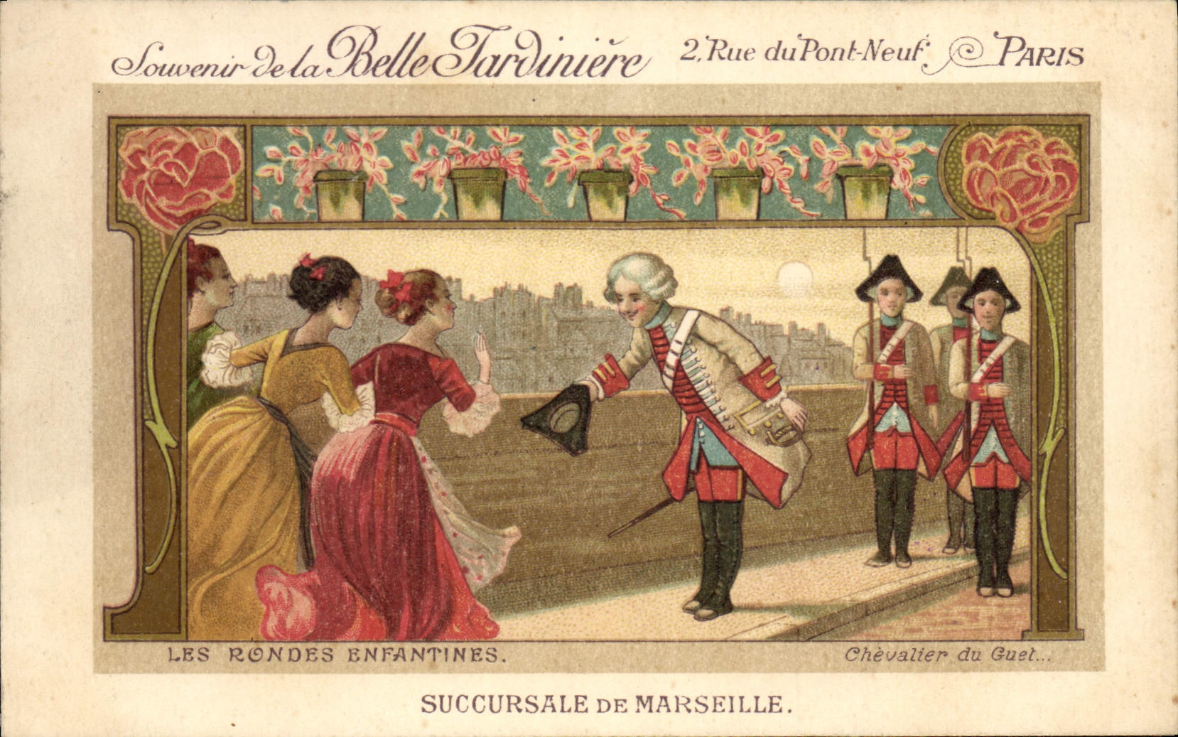 CPA Fantaisie Illustrateur Enfants La Belle Jardiniere Paris Rue du Pont Neuf Les rondes enfantines Chevalier du guet 