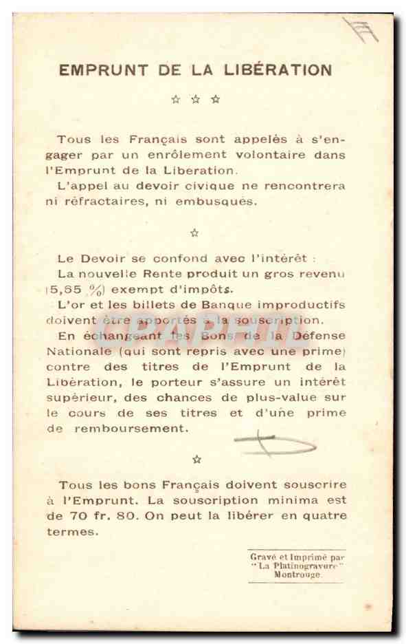 CPA Militaria Emprunt de la Liberation Gal Curieres de Castelnau  — Verso