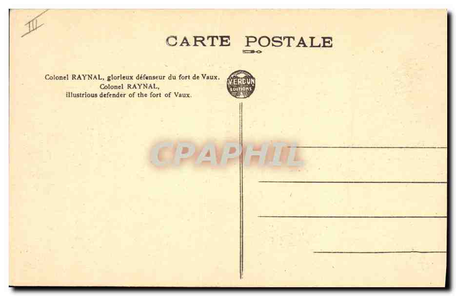 CPA Militaria Colonel Raynal defenseur du Fort de Vaux  — Verso