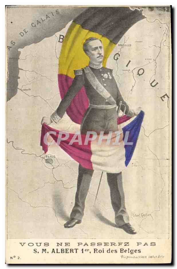 S.M. Albert 1er, Roi des Belges — carte postale politique avec drapeau belge et carte de la Belgique — éditeur G. Gauthier, N°2