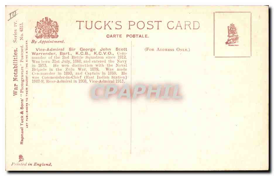CPA Militaria Vice Amiral Sir G Warrender  — Verso