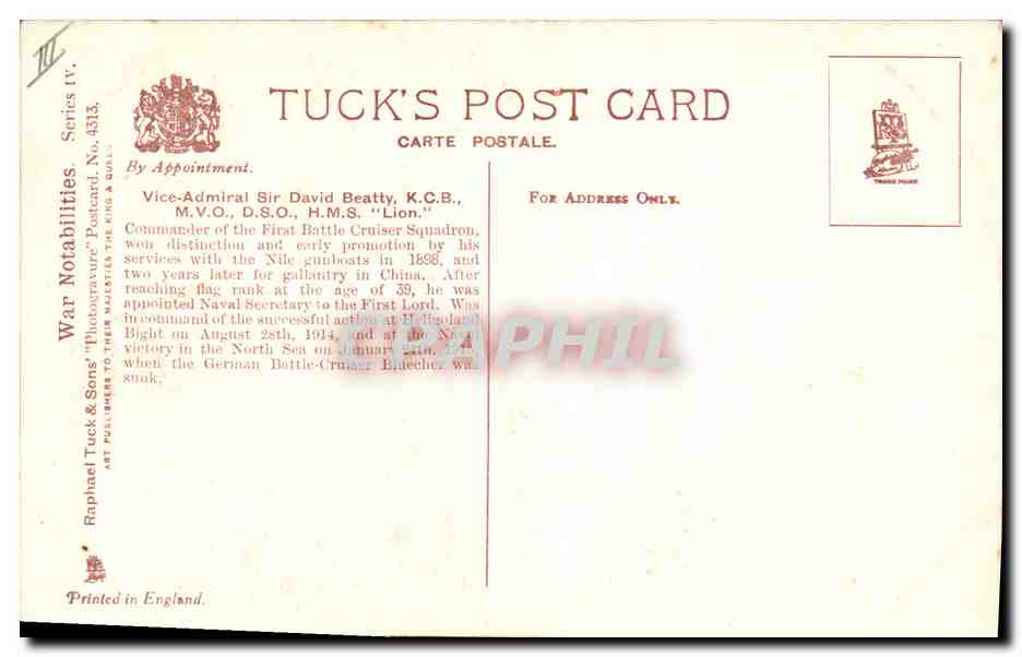 CPA Militaria Amiral Sir David Beatty  — Verso