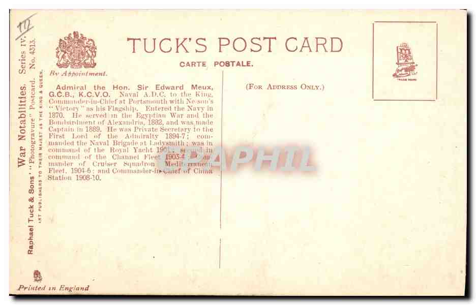 CPA Militaria Admiral Sir Hedworth Meux  — Verso