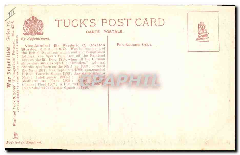 CPA Militaria Admiral FCD Sturdee  — Verso