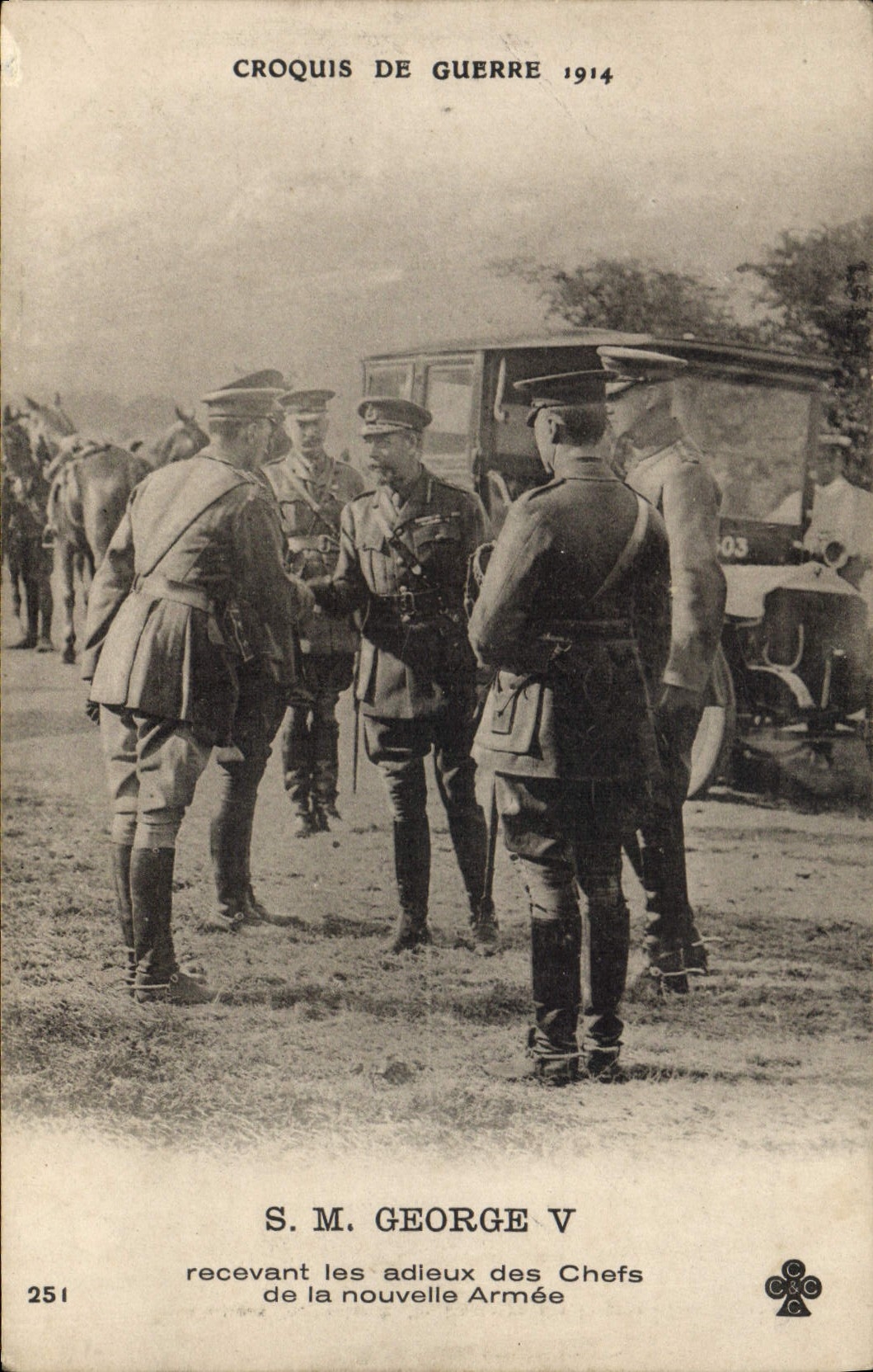 S.M. GEORGE V — recevant les adieux des Chefs de la nouvelle Armée — Croquis de Guerre 1914, n°251