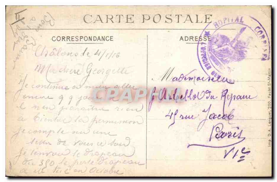 CPA Militaria Le drapeau et le lieutenant colonel du 350eme regiment d'infanterie  — Verso