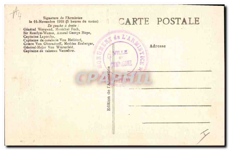 CPA Militaria Signature de l'armistice 11 novembre 1918  — Rückseite