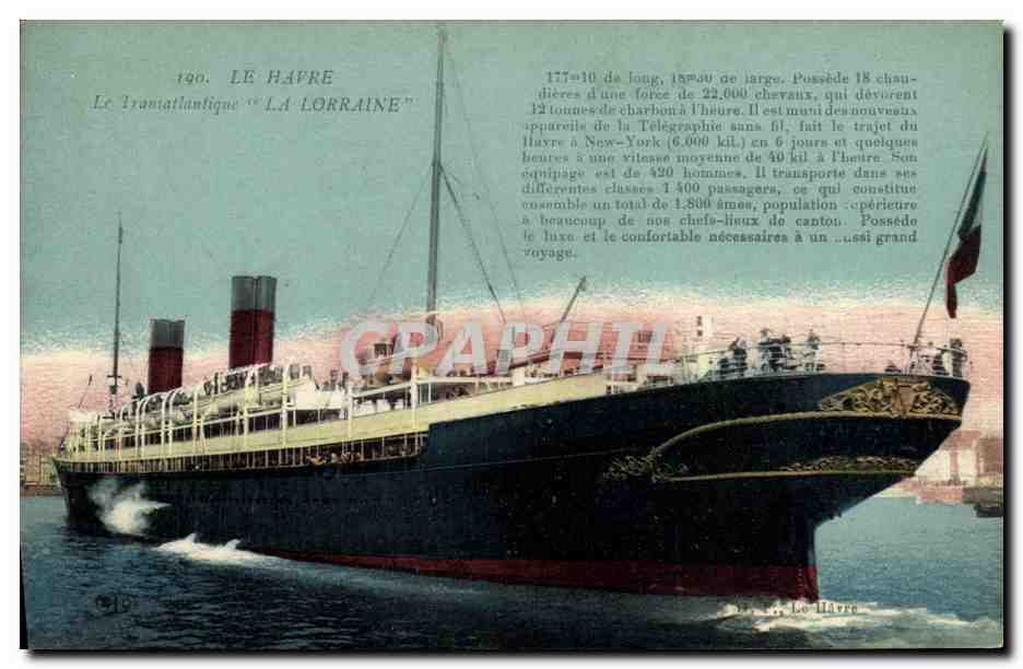 Le Transatlantique "LA LORRAINE" — Le Havre — Éditeur MP Delet, n°190
