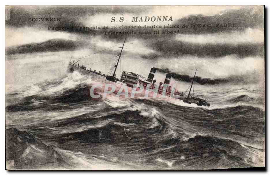 S.S. MADONNA — Paquebot français de 1re classe à double hélice de la Cie C. FABRIE — Télégraphie sans fil à bord