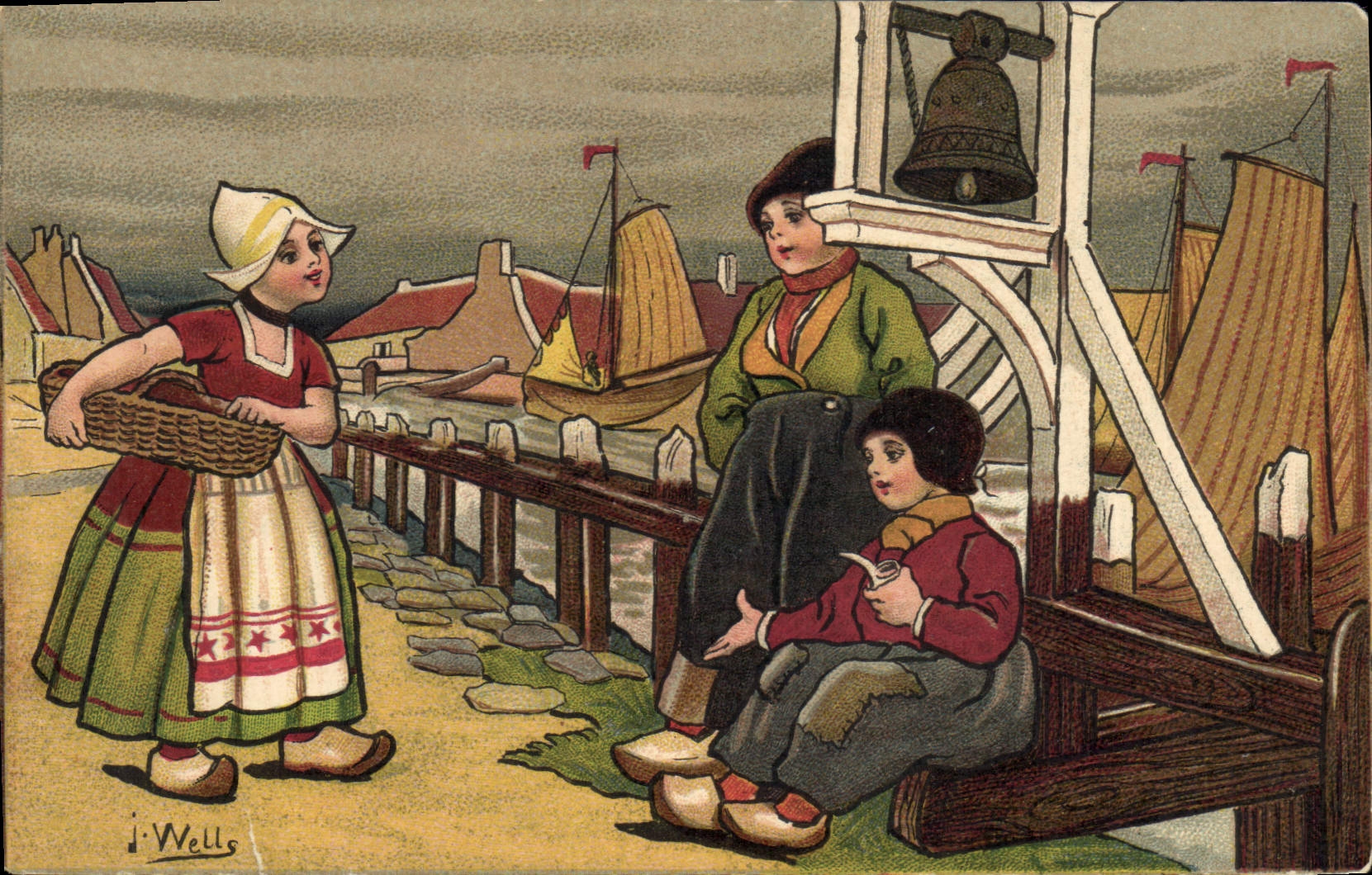Enfants aux quais — scène portuaire — J. Wells