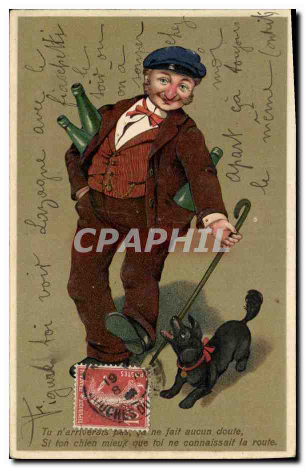 Cane e uomo con bottiglie — caricatura umoristica — serie 1854, editore Brietkort