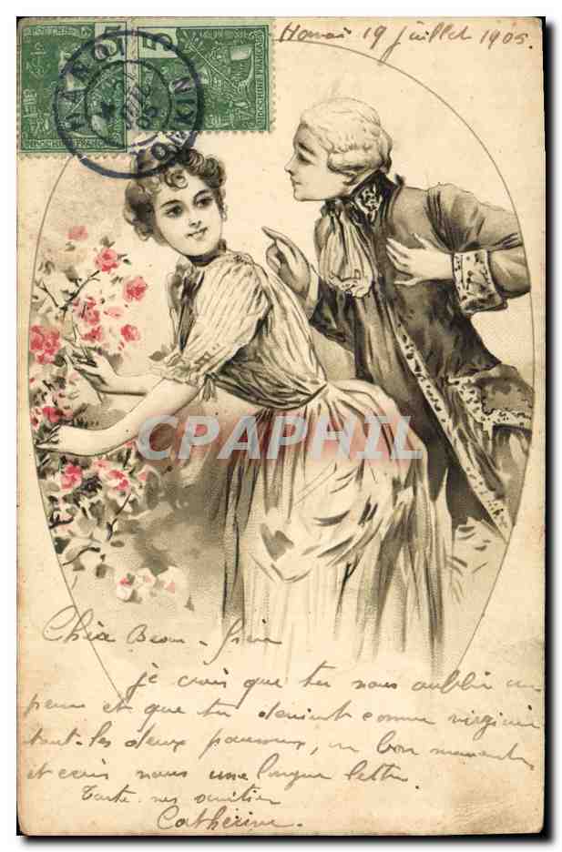 CPA Fantaisie Illustrateur Femme Timbres Indochine Hanoi Tonkin