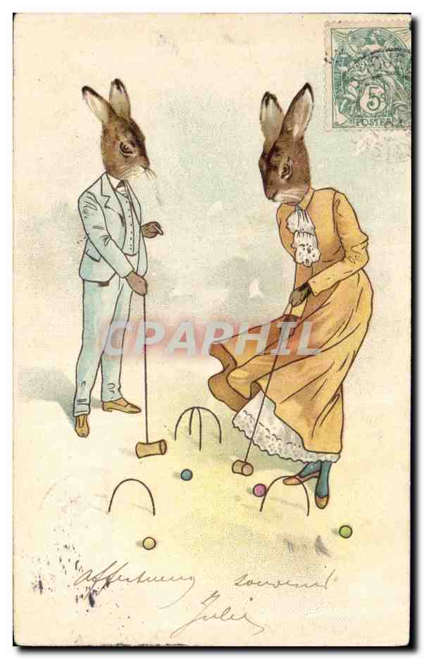 CPA Fantaisie Illustrateur Lapin Lapins Croquet 