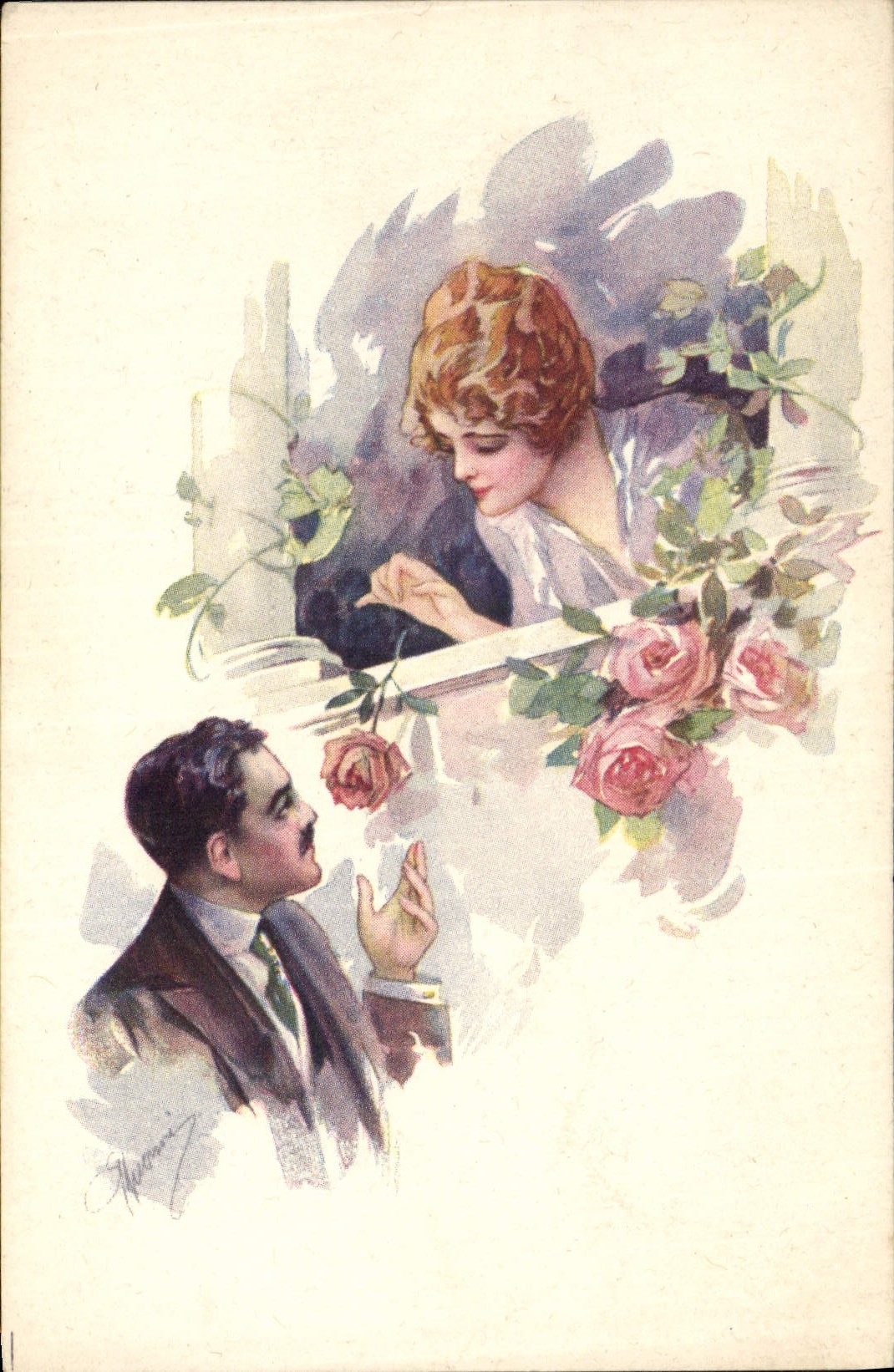 CPA Fantaisie Illustrateur Femme Roses 