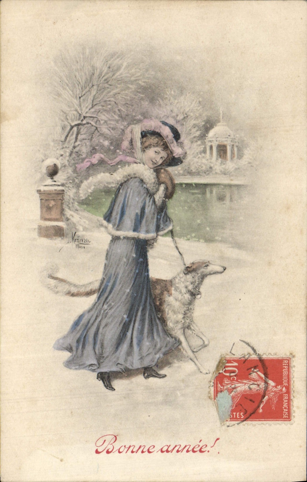 Femme avec chien enneigé — scène hivernale — éditeur Minzile, n° 2870-5