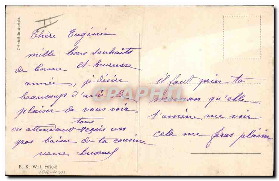 Femme avec chien enneigé — scène hivernale — éditeur Minzile, n° 2870-5 — Verso