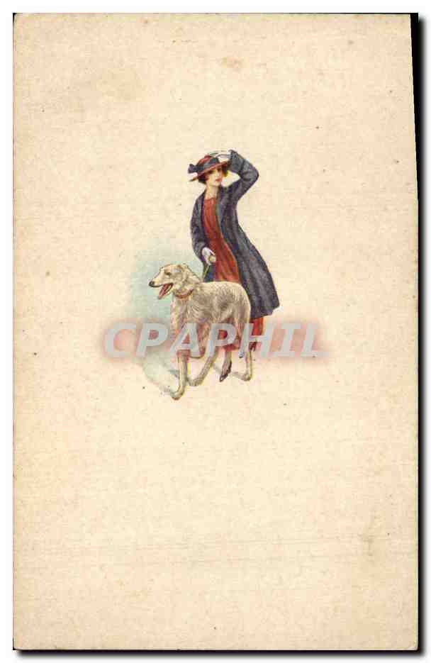 CPA Chien Chiens Femme Levrier 