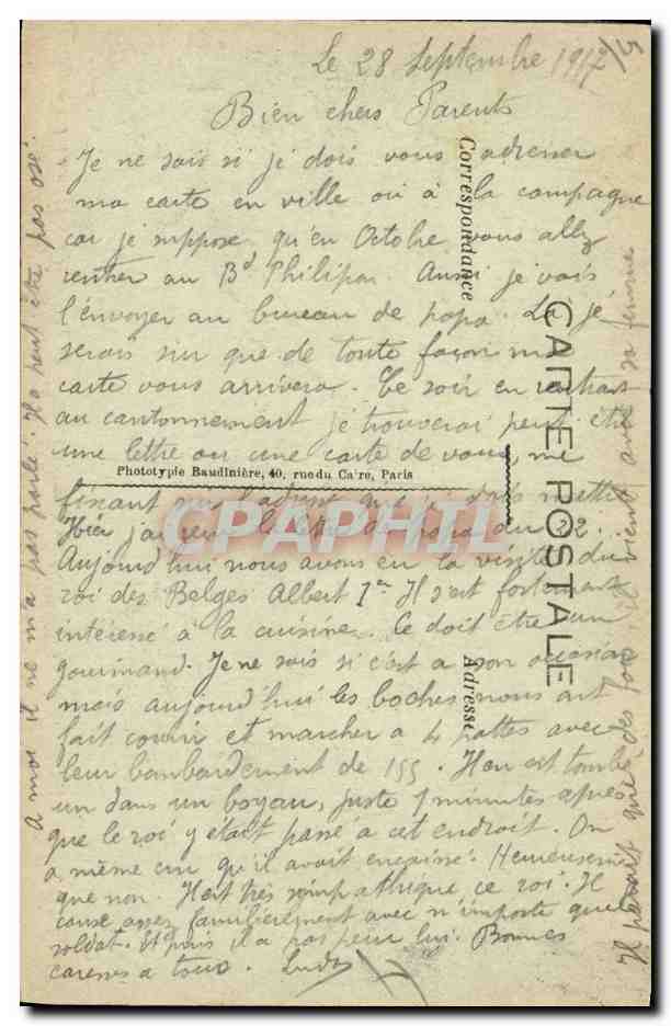 CPA Militaria Bataille de l'Yser Furnes Le roi Albert passe en revue les Turcos  — Verso