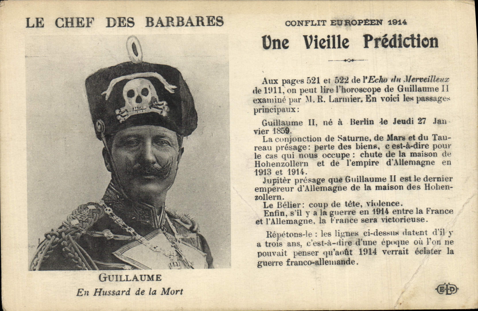 CPA Militaria Le chef des barbares Guillaume en hussard de la mort 