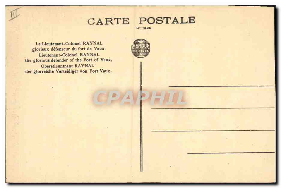 CPA Militaria Le Lieutenant colonel Raynal Defenseur du Fort de Vaux  — Verso