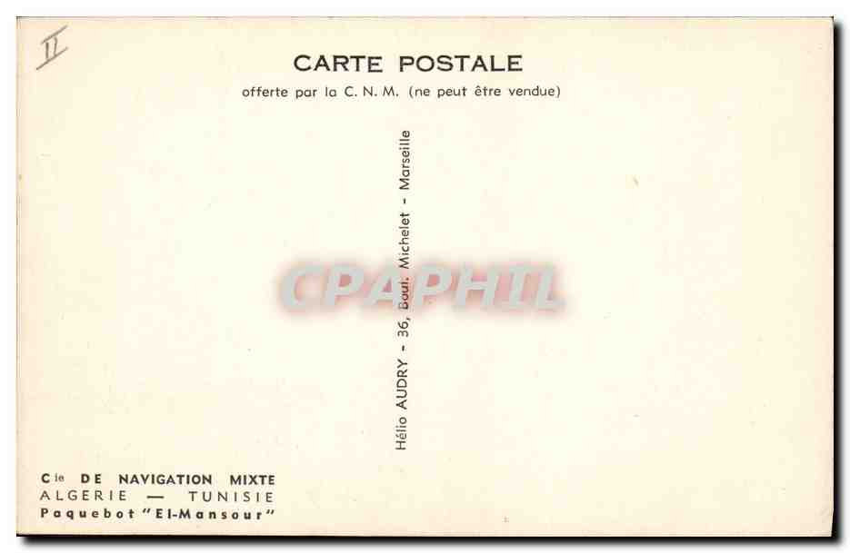Paquebot "El-Mansour" — Algérie - Tunisie — offerte par la C.N.M. — Marseille — Achterkant