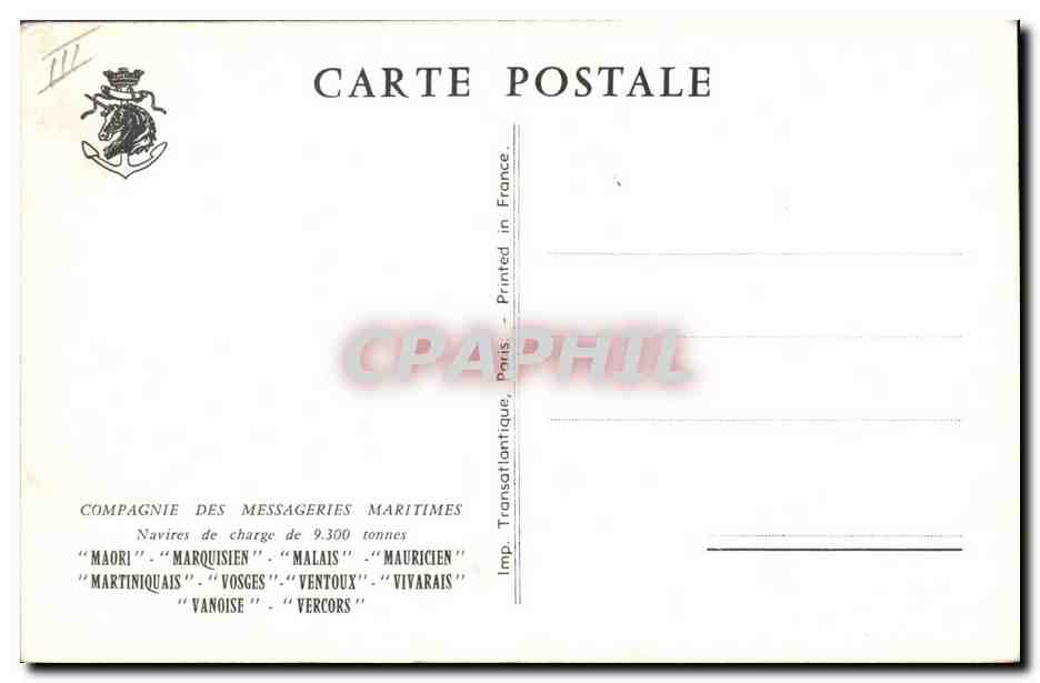 CPA Bateau Compagnie des Messageries Maritimes Navires de charge Maori Marquisen Malais Mauricien Martiniquais Vosges Ventoux Vivarais Vanoise  — Verso
