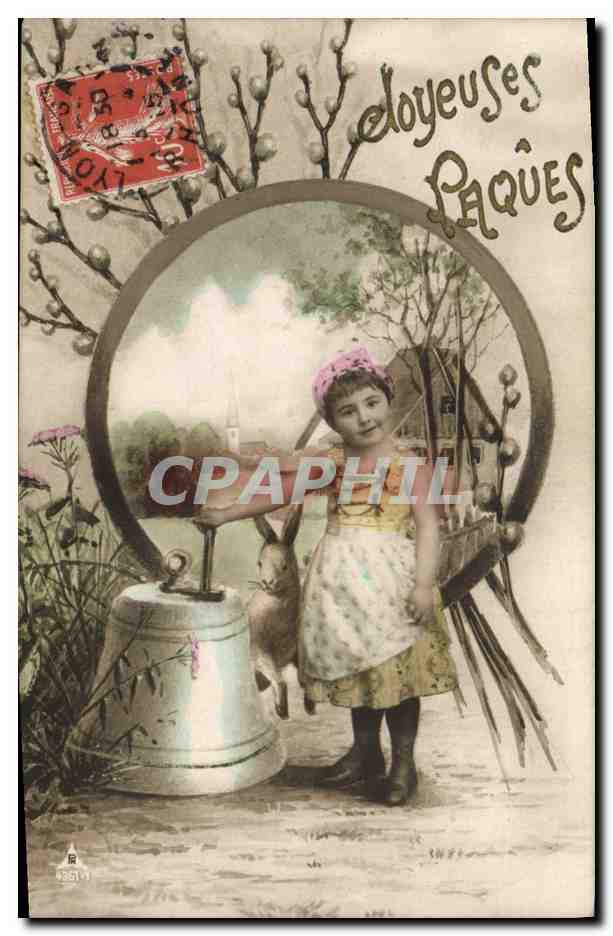 CPA Cloche Enfant Lapin Paques