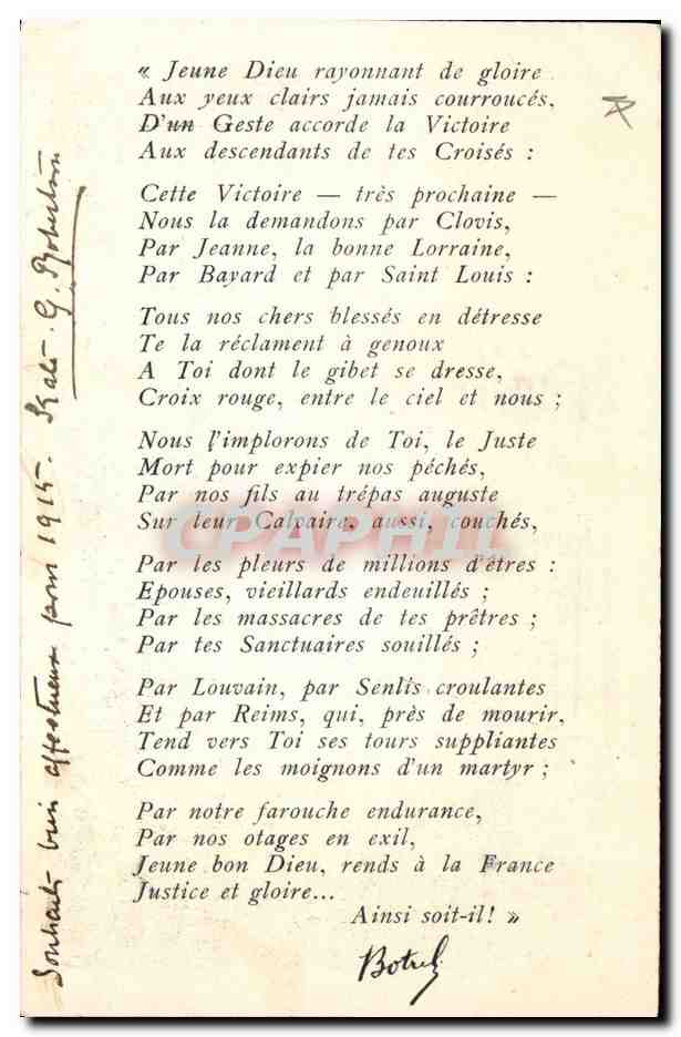 CPA Folklore Priere au Jeune Bon Dieu Botrel Annee 1915  — Verso