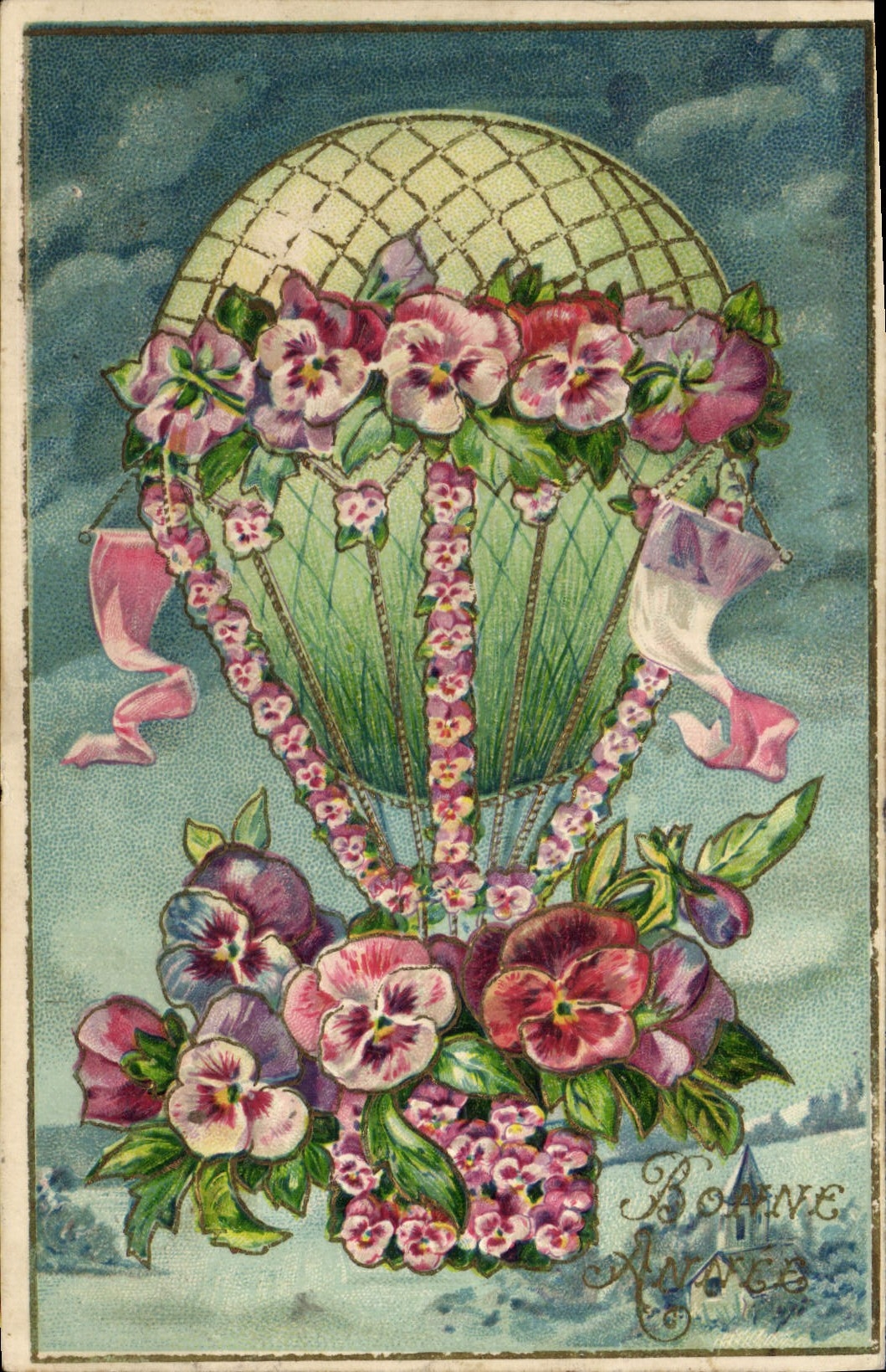CPA Fantaisie Fleurs Mongolfiere Ballon 