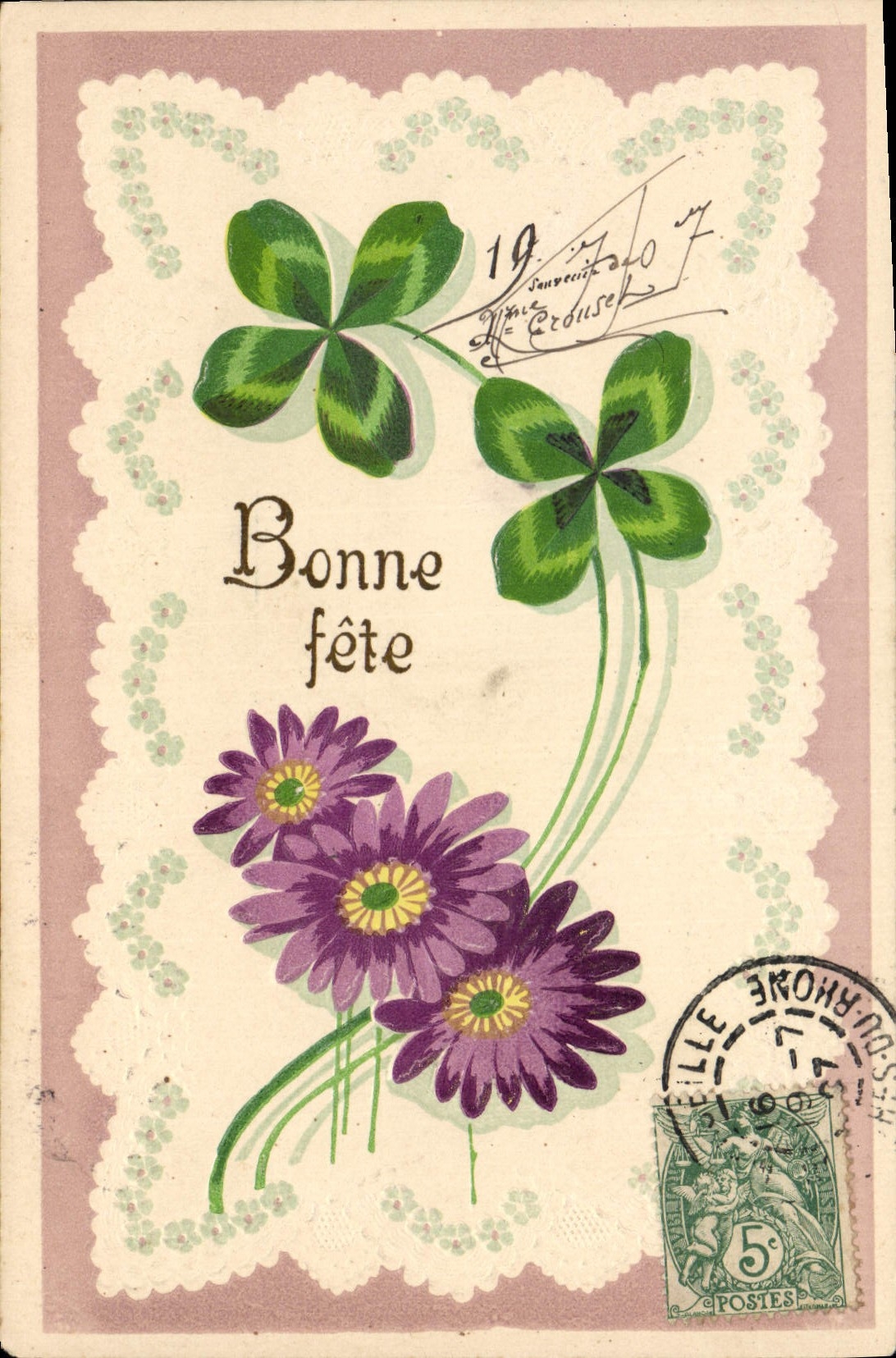 Fleurs et trèfles — Bonne fête — Éditeur inconnu, n° de série non visible