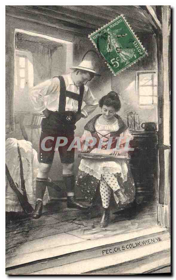 Jeune homme en tenue bavaroise et jeune femme au piano — FEC. CH. SCOLIK WIEN VII — édition autrichienne