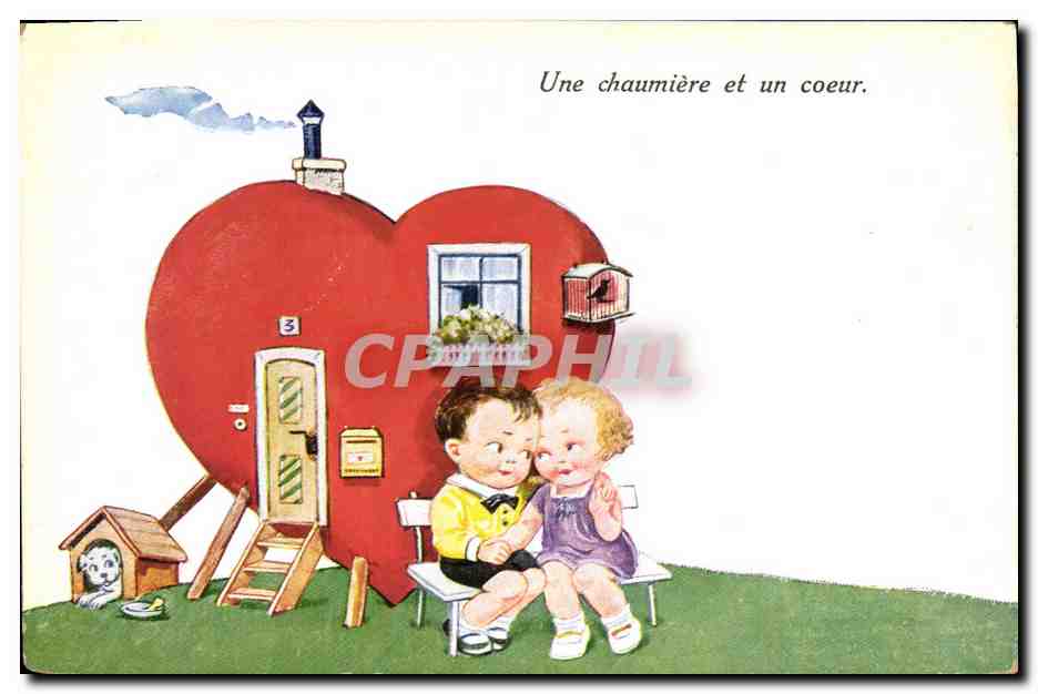 CPA Fantaisie Illustrateur Enfants Une chaumiere et un coeur 
