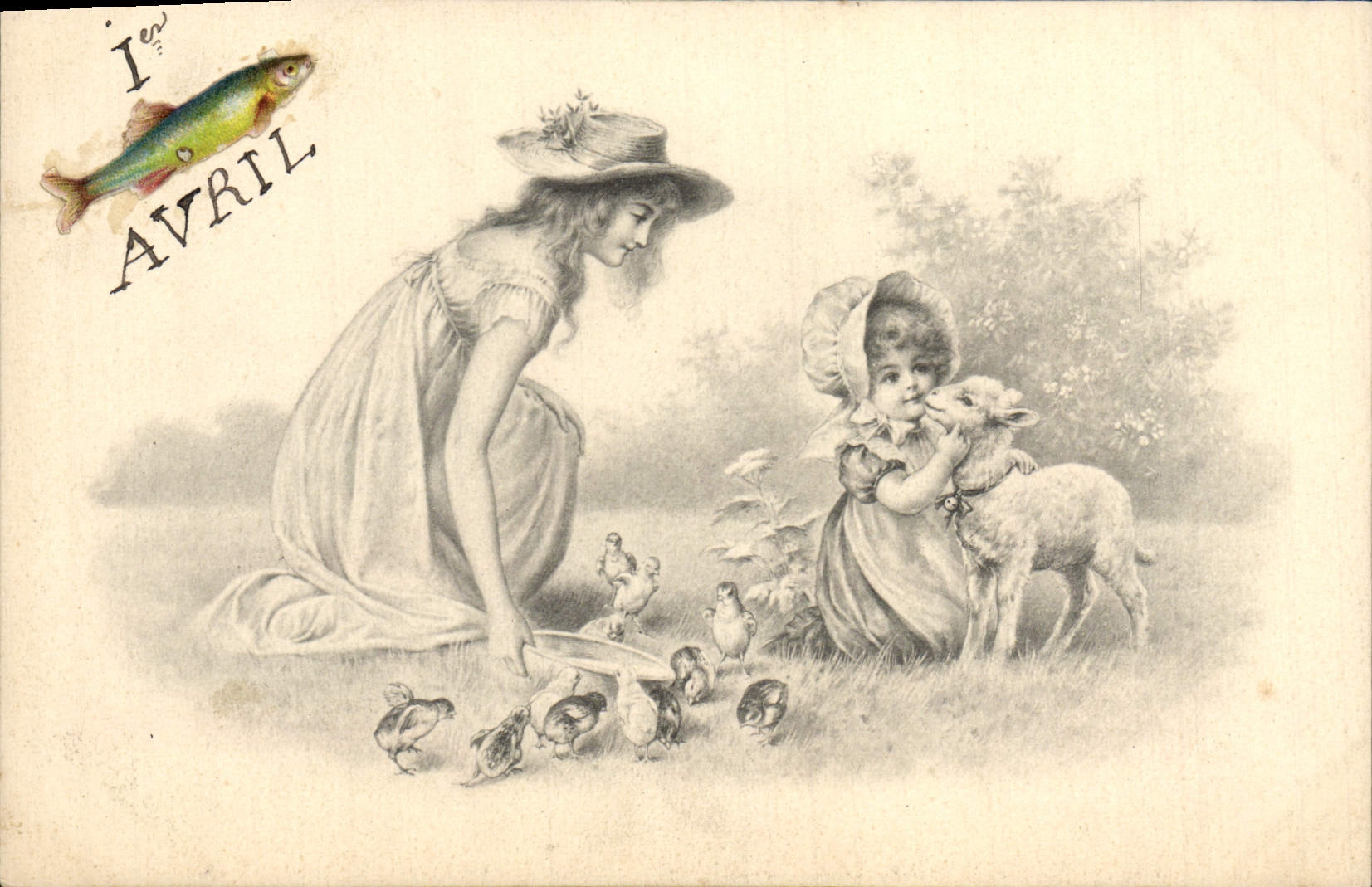 Fête de Pâques — femme et enfant avec poussins et agneau — éditeur non visible