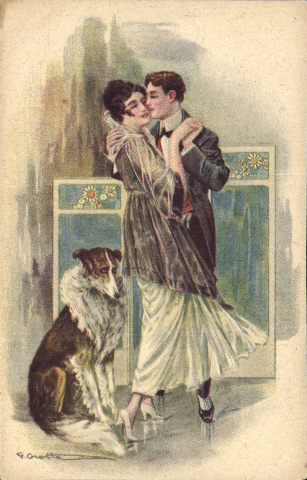 Jeune couple enlacé — un chien à leurs pieds — gravure de G. Cratta