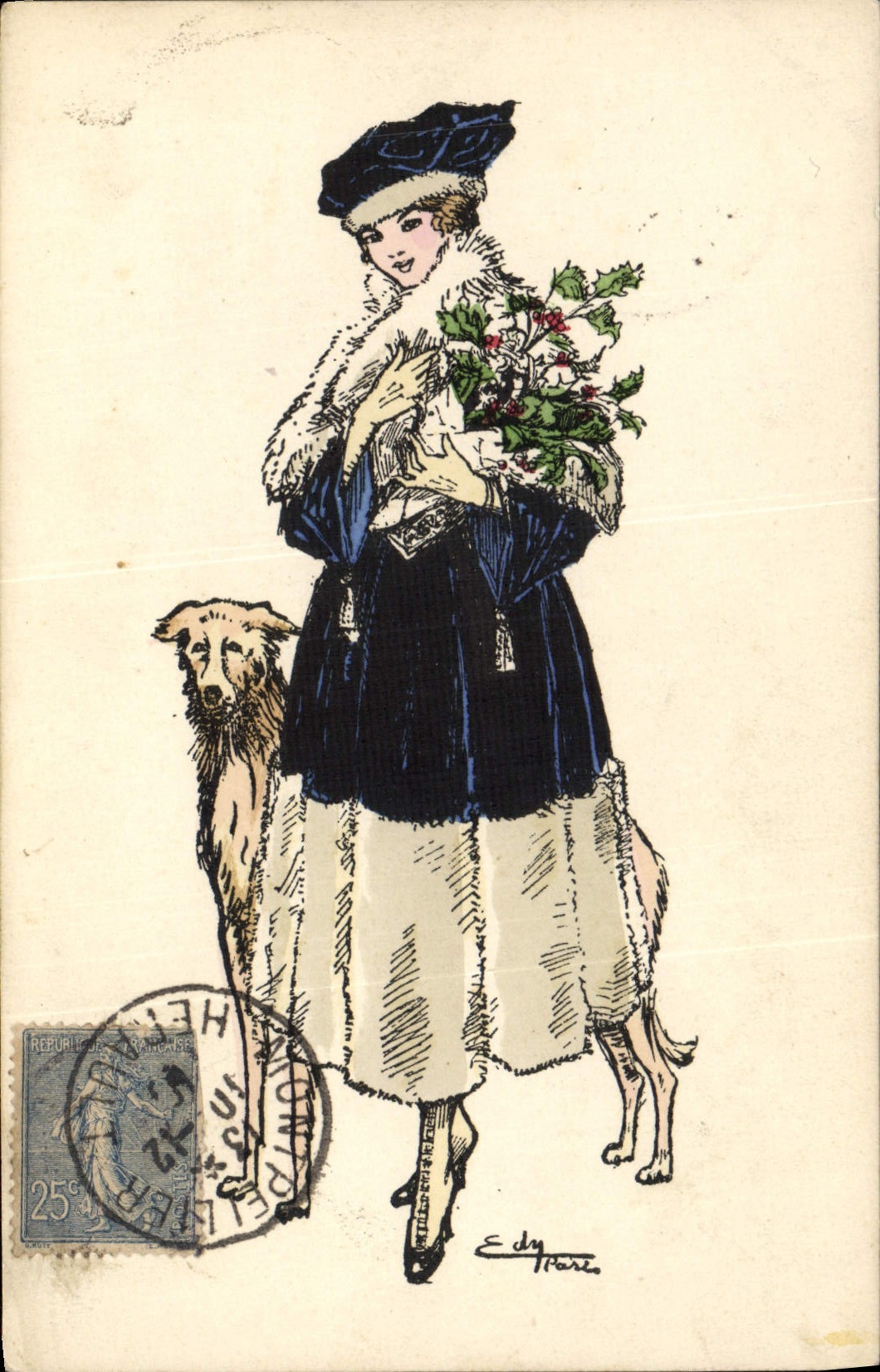 Femme en manteau fourré tenant un bouquet de houx — Éditeur J. Picot, Paris — Série n°110