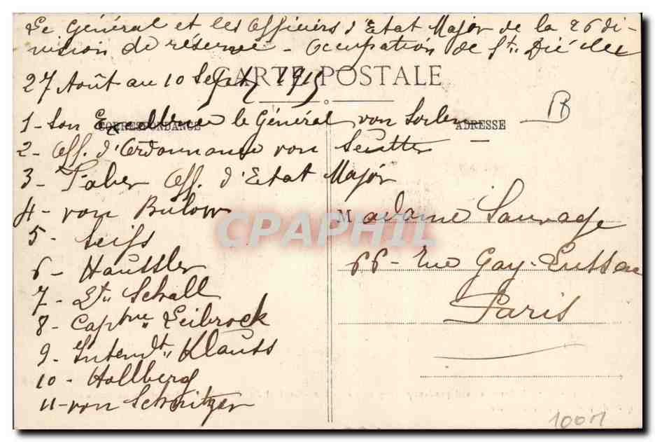 L'État-Major allemand pendant l'occupation à St-Dié — Général Excellenz Von Soden († fils de Bülow) — Baudy, phot. — Propriété Bouiller — Verso