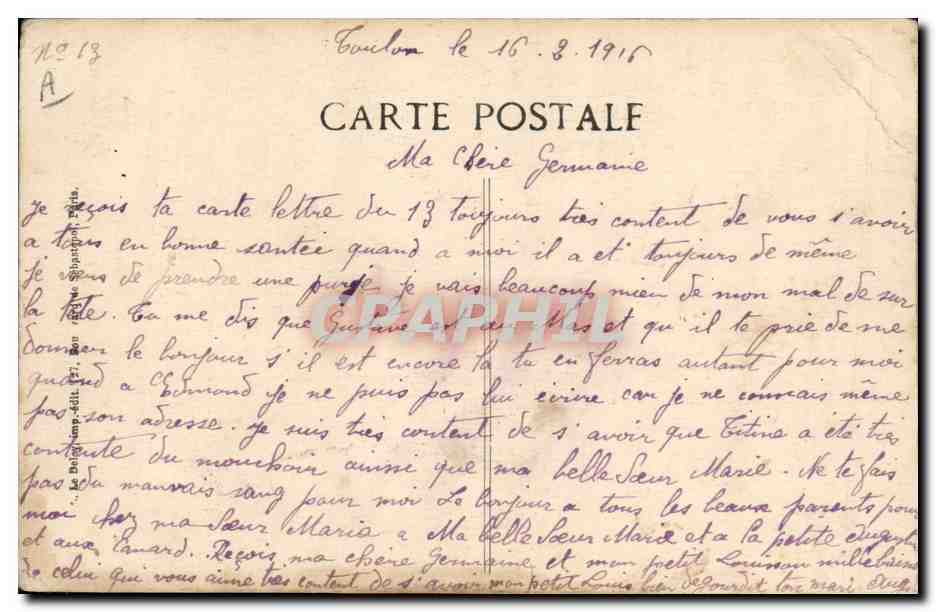 Guerre 1914-15 — Le général Sarrail se rend sur le "Saint-Louis" — Visé, Paris, 54me Série, N° 1327 — Verso