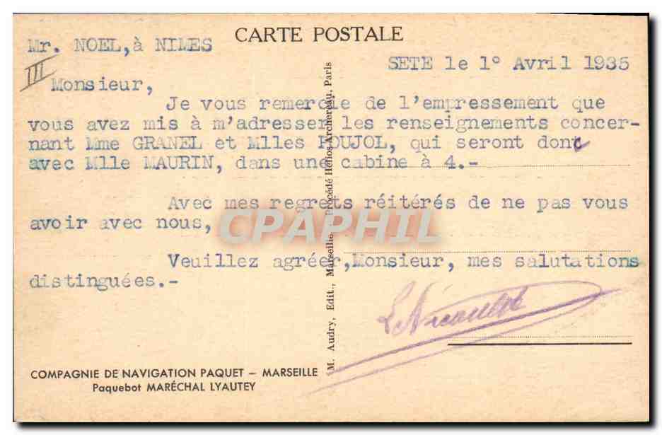 CPA Bateau Compagnie de Navigation Paquet Le paquebot Marechal Lyautey Marseille  — Verso