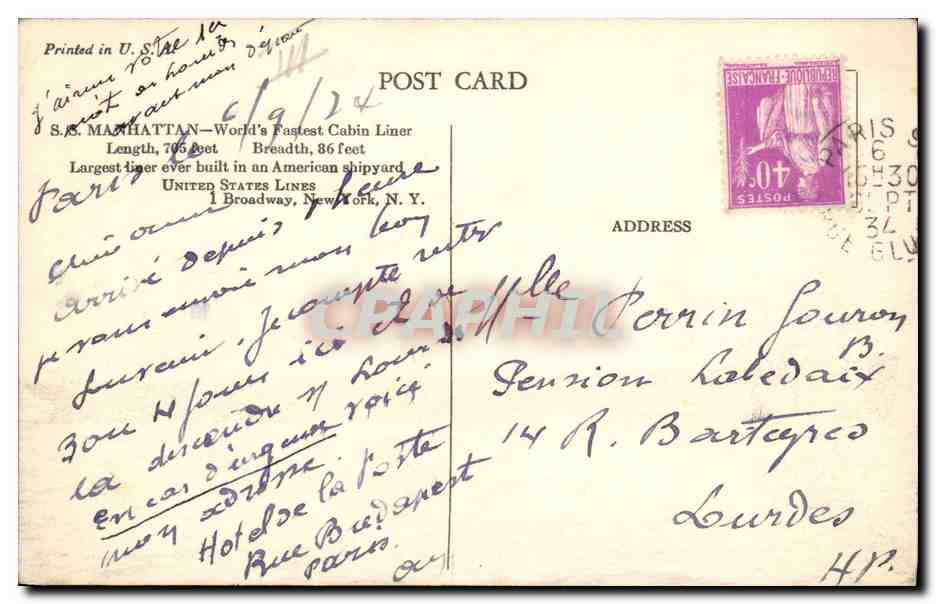CPA Bateau SS Manahttan  — Verso