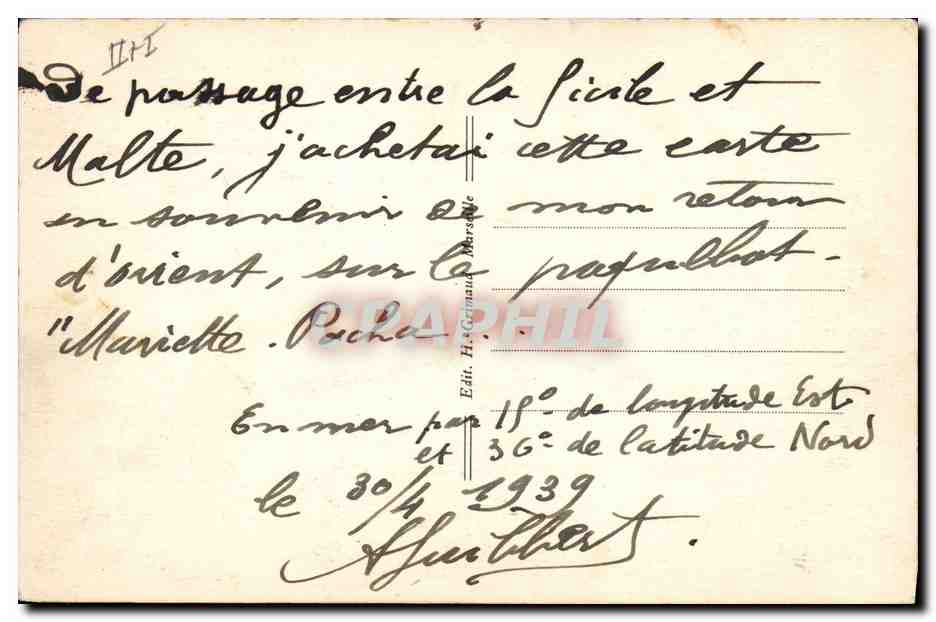 Navire en mer agitée — Souvenir de voyage s/s "Mariette-Pacha" — Compagnie des Messageries Maritimes — Verso