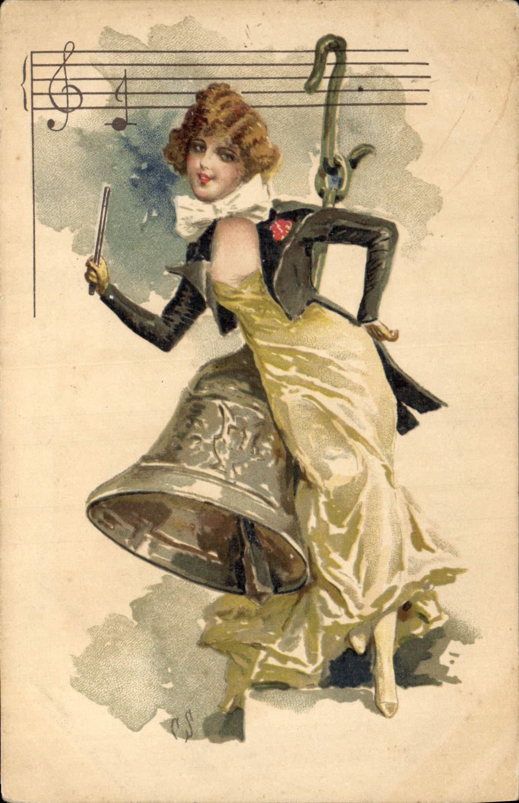 Femme avec cloche et baguette — illustration musicale — éditeur non visible