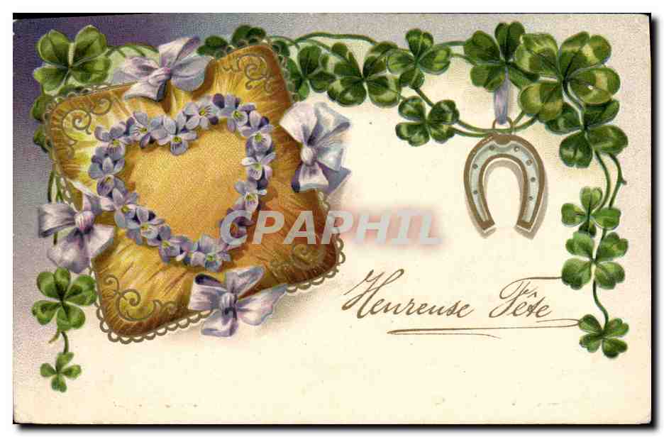 CPA Fantaisie Fleurs Fer a cheval Trefle Coeur 