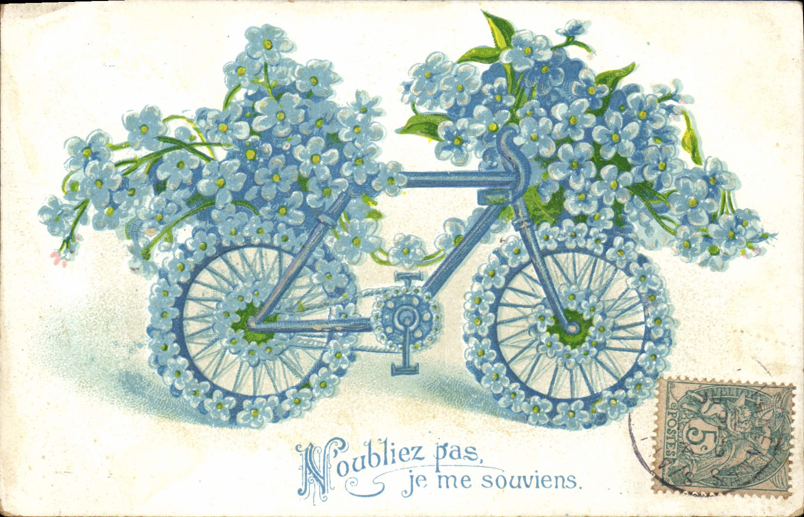 Bicicleta decorada con flores azules — 'No olvides, me acuerdo.' — editor desconocido