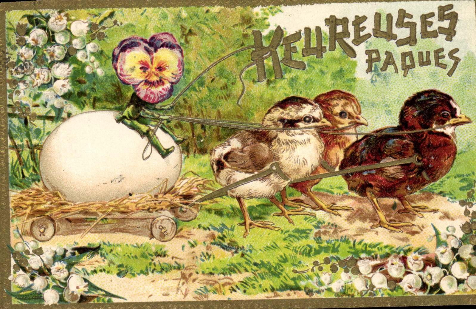 CPA Fantaisie Fleurs Poussins oeuf 