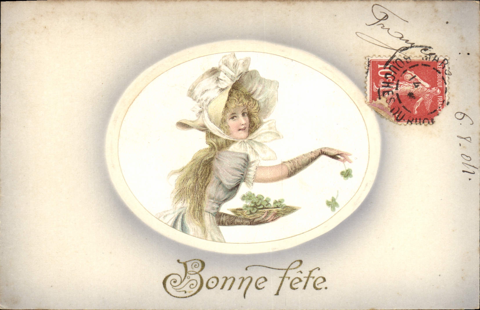 Femme en chapeau à fleurs — Bonne fête — éditeur non visible, n° de série non lisible