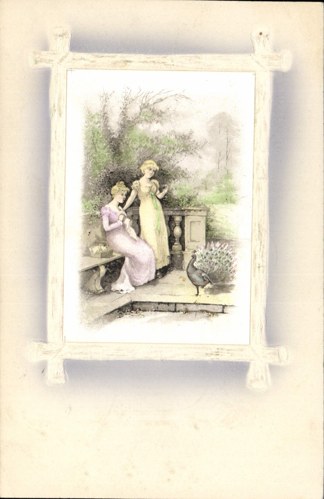 Deux jeunes femmes et un paon — scène de jardin — éditeur non visible